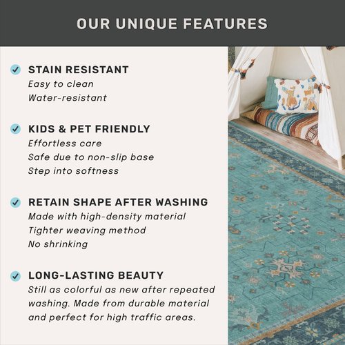 Washable 10x14 Teal Boho Living Room Rug - Geometric Floral Design Area Rug for Dining Room, Non Slip Soft Carpet for Large Bedroom, Low Pile & Stain Resistant Mats