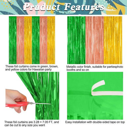 Hawaiian Party Decorations by [Brand Name] - 12 Pack Luau Backdrop Fringe Curtains | Metallic Green, Brown, Yellow 3.28 FT x 7.05 FT