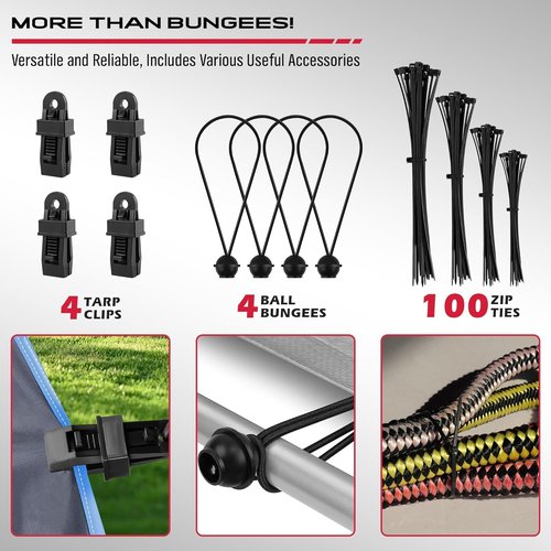 Heavy Duty Bungee Cords - 129 PCS Rubber Elastic Ropes with Hooks & Clips - 18" to 40" Sizes
