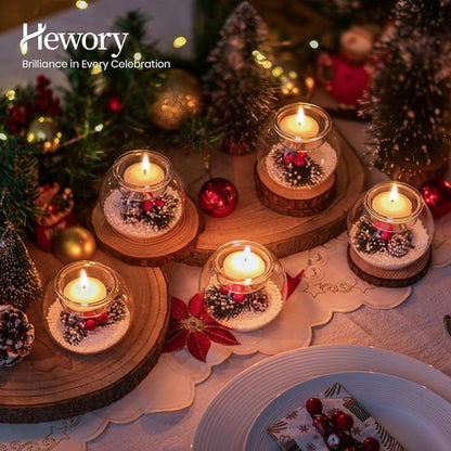Hewory Tealight Candle Holders - Set of 6 Glass Holders with Red Berry & Pinecone | Christmas Table Decor