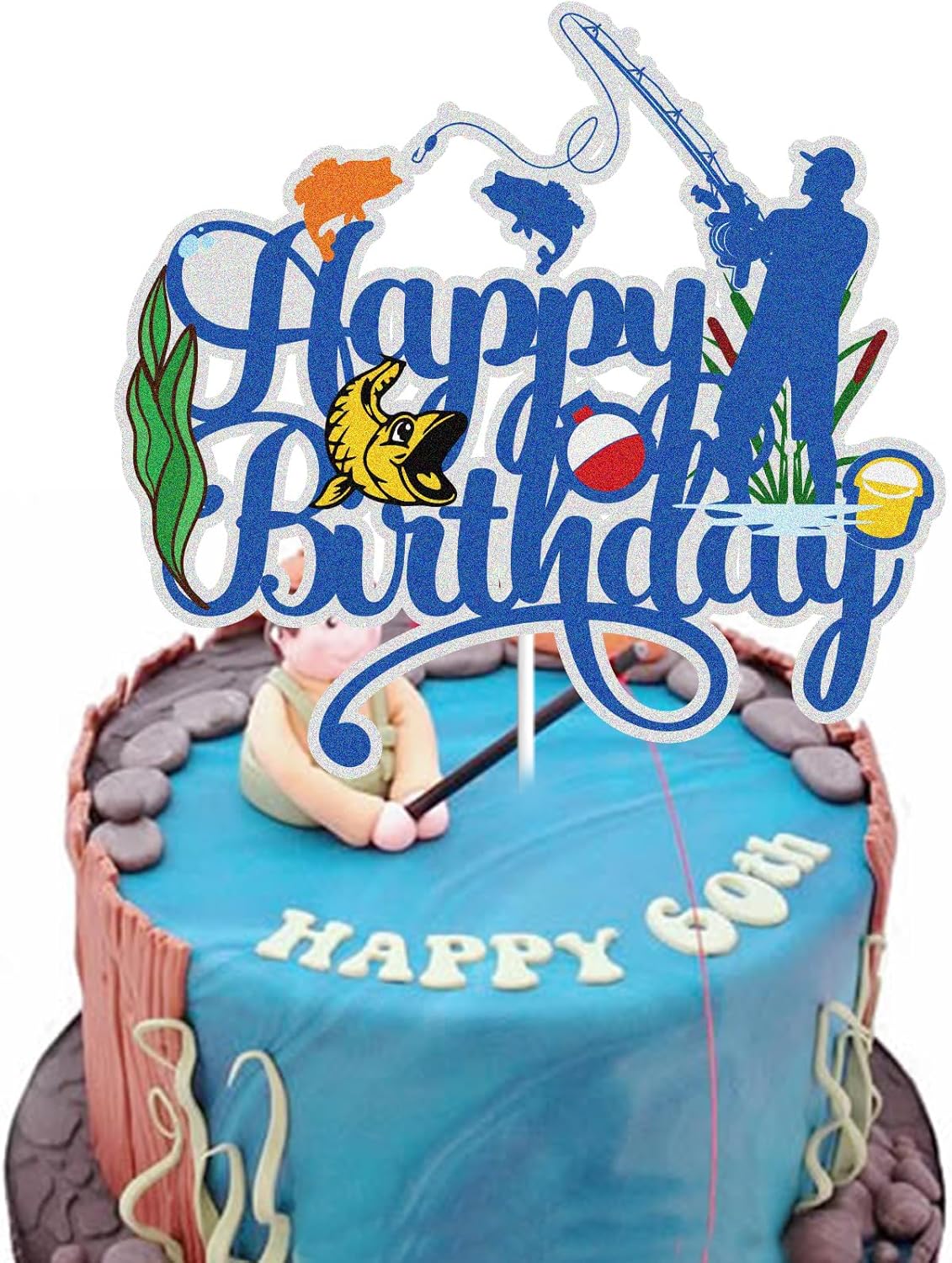 Regine Switzerland Happy Birthday Cake Topper - Blue Glitter Little Fisherman Design for Kids