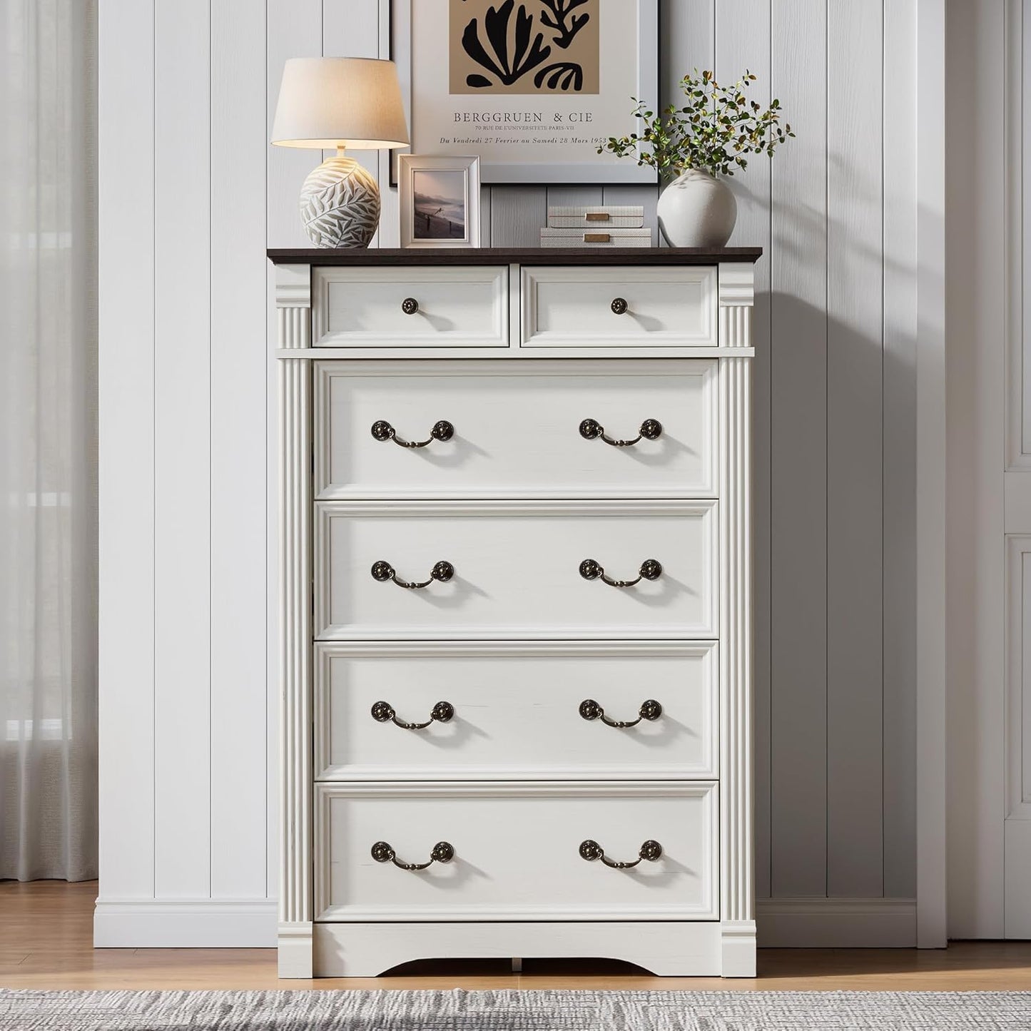 Regine Switzerland White 6-Drawer Dresser - Rustic Tall Chest with Chic Wood Pilasters | 47” Bedroom Organizer