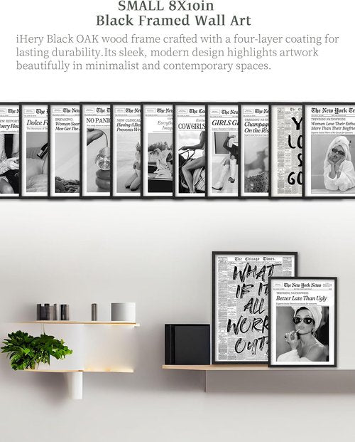 iHery Premium Black Oak Wood Framed Wall Art - Retro Woman Canvas Decor for Dorm & Living Room | 8x10in