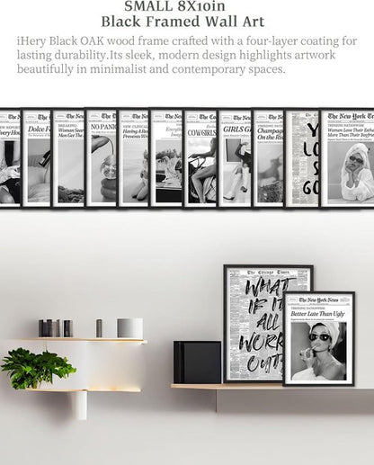 iHery Premium Black Oak Wood Framed Wall Art - Retro Woman Canvas Decor for Dorm & Living Room | 8x10in