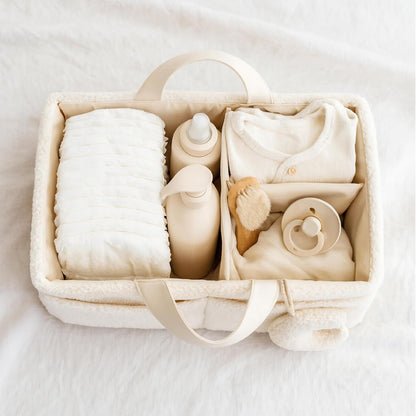 Orelle Bouclé Diaper Caddy Organizer - Portable Changing Table with Matching Pouch & Moon Pendant | Cream