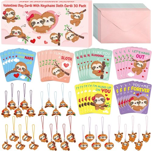 Fancy Land 30-Pack Sloth Valentine's Day Cards - Fun Gift Set with Keychains for Kids