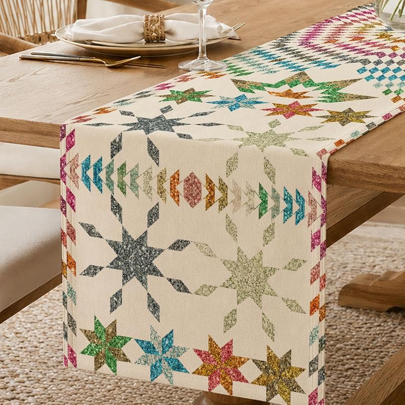 Multi Color Boho Mandala Table Runner 72in, Linen Geometric Snowflake Star