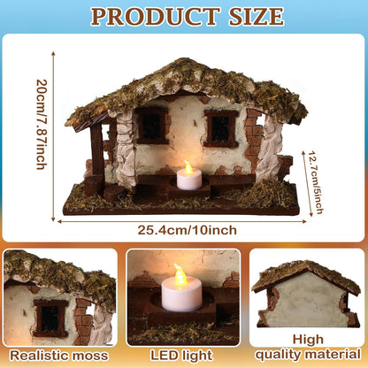 Barydat Christmas Nativity Stable - 10 x 7.87 x 5 Inch Resin Creche with Realistic Moss Roof | Beautiful Holiday Decor