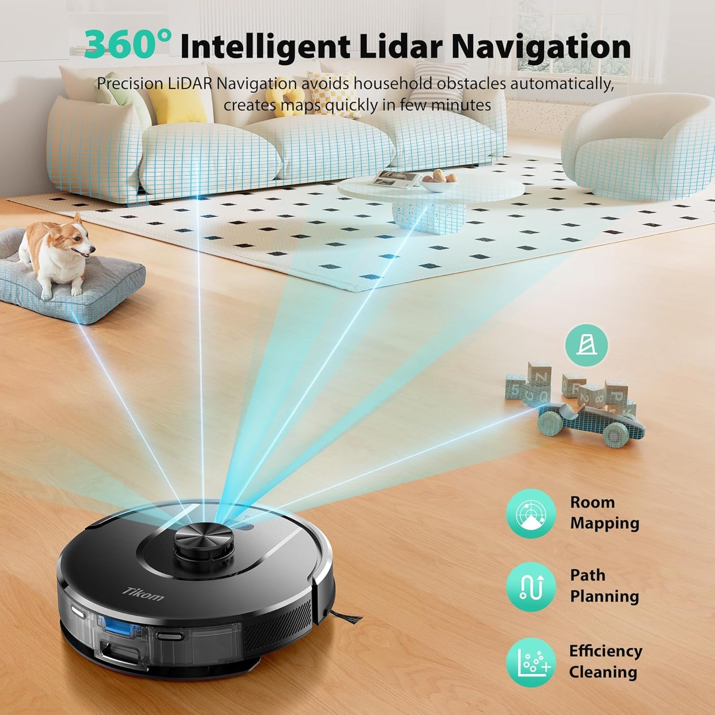 Tikom Robot Vacuum - 6000Pa Robotic Cleaner with Self-Emptying Base & LiDAR Navigation | Ideal for Pet Hair & Hard Floors (L8000 Plus)