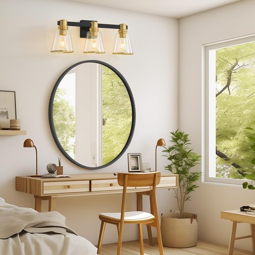 Deyidn Vanity Lights Black Gold Bathroom Light Fixtures Over Mirror, 3 Light Vanity Lighting Fixtures, Mid Century Modern Wall Sconce with Clear Glass Shades for Farmhouse Bedroom