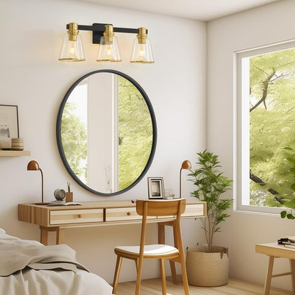 Deyidn Vanity Lights Black Gold Bathroom Light Fixtures Over Mirror, 3 Light Vanity Lighting Fixtures, Mid Century Modern Wall Sconce with Clear Glass Shades for Farmhouse Bedroom