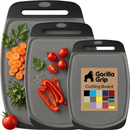 Gorilla Grip BPA-Free Reversible Cutting Board Set - Nonporous, Juice Grooves, Slip Resistant | 3 Durable Boards in Gray & Black