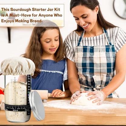 Skiennix Sourdough Starter Kit - 24 oz Glass Jar with Date Marked Feeding Band & Thermometer