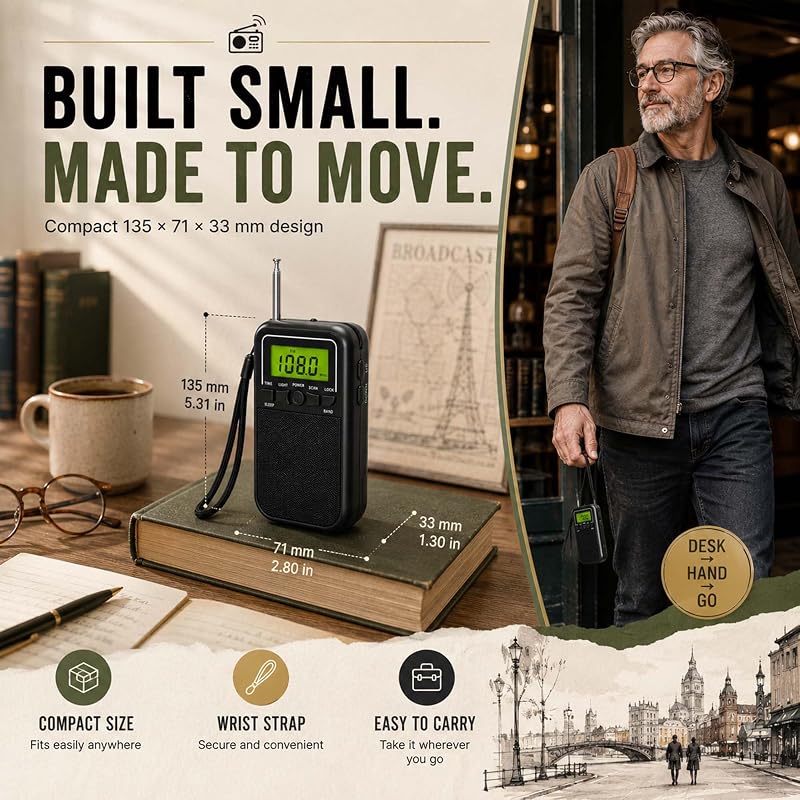 Portable AM FM Radio with Alarm, Sleep Timer & Flashlight