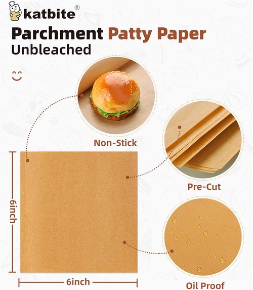 Katbite 300Pcs Patty Paper - Unbleached Heavy Duty Non-Stick 6x6 Inch Squares for Burgers & Cookies