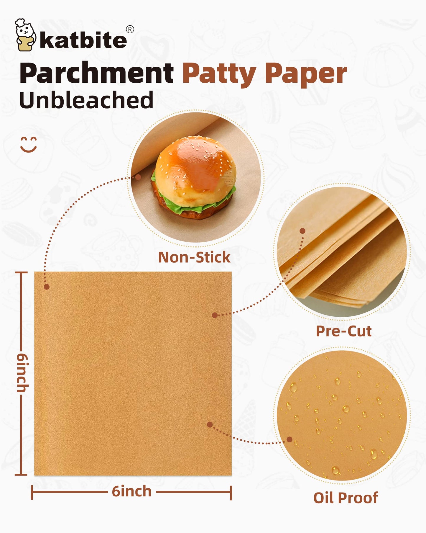 Katbite 300Pcs 6x6 Inches Patty Paper, Burger Patty Paper, Unbleached Parchment Sheets, Heavy Duty & Non-Stick, Squares for Seperating Patty, Cookies, Storing Foods Wrapping Candies