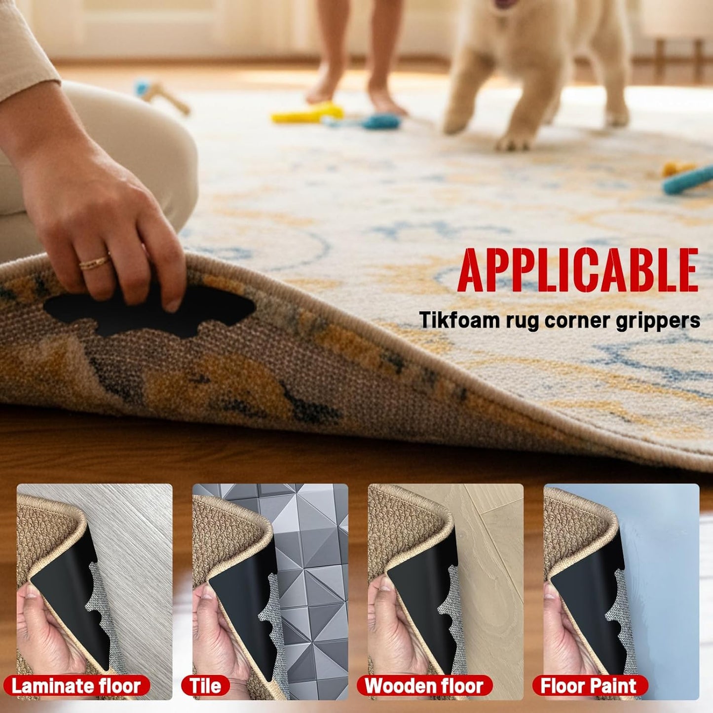 Skiennix Non-Slip Rug Grippers - Reusable Carpet Corner Stickers for Hardwood & Tile Floors | 8 Pack