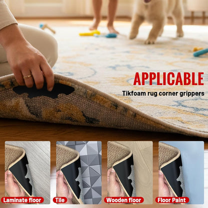Skiennix Non-Slip Rug Grippers - Reusable Carpet Corner Stickers for Hardwood & Tile Floors | 8 Pack