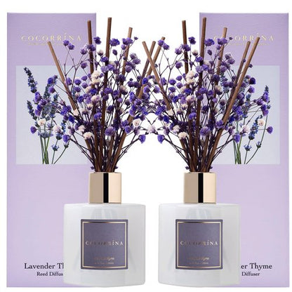 Cocorrína Premium Reed Diffuser Set with Preserved Baby's Breath & Cotton Stick Lavender Thyme 2 Packs, 6.7oz Scent Fragrance Oil Diffuser for Bedroom Bathroom Home Décor