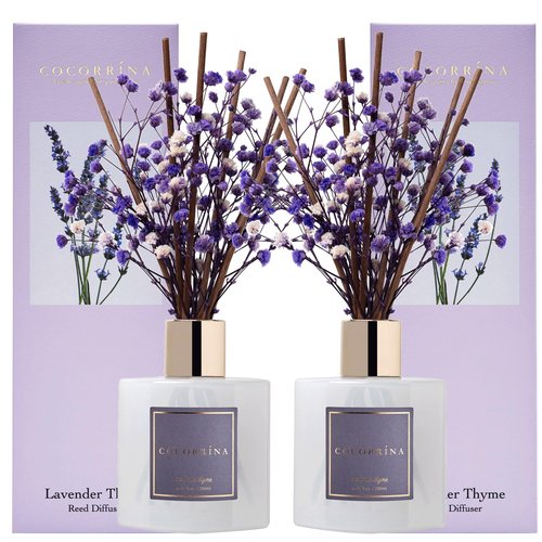 Cocorrína Premium Reed Diffuser Set with Preserved Baby's Breath & Cotton Stick Lavender Thyme 2 Packs, 6.7oz Scent Fragrance Oil Diffuser for Bedroom Bathroom Home Décor
