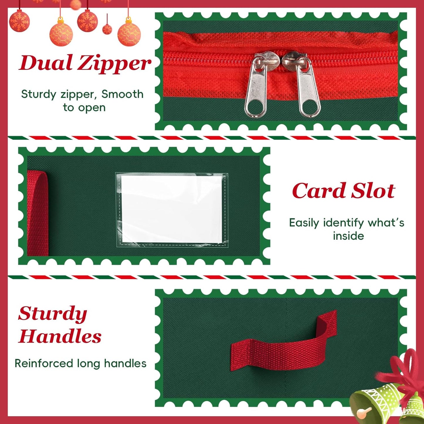 SeasonBliss Christmas Ornament Storage Box - Holds 128 Ornaments | Large, Sturdy Organizer with Zipper & Handles, Green