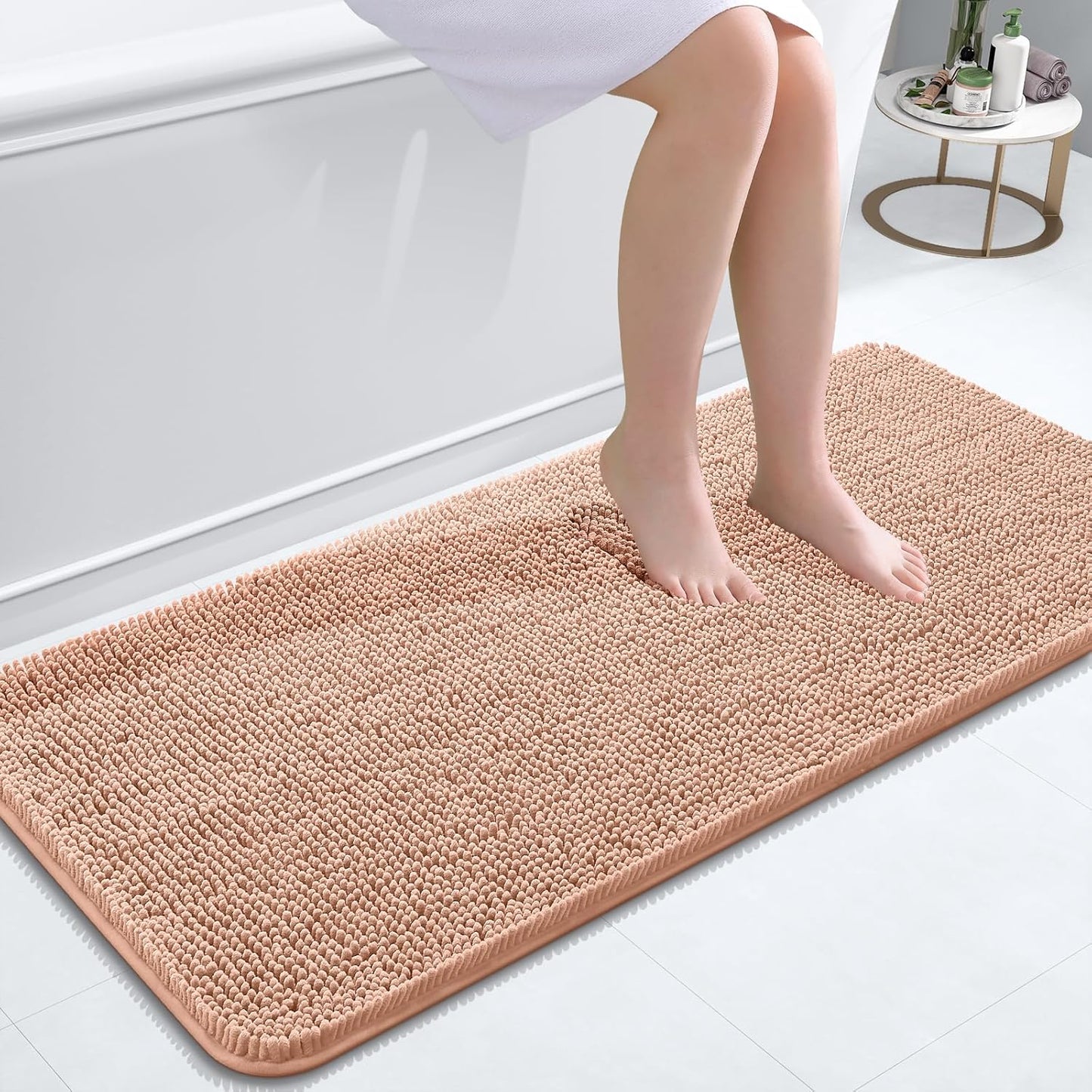 OLANLY Bathroom Runner Rugs - Extra Soft Chenille Bath Mat | Quick Dry, Machine Washable, 47x20, Peach