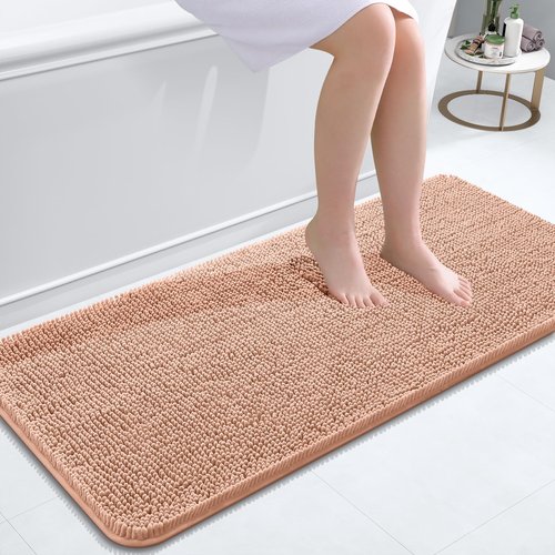 OLANLY Bathroom Rugs 47x20, Extra Soft Absorbent Chenille Bath Rugs, Rubber Backing Quick Dry, Machine Washable Bath Mats for Bathroom Floor, Tub and Shower, Home Decor Accessories, Peach