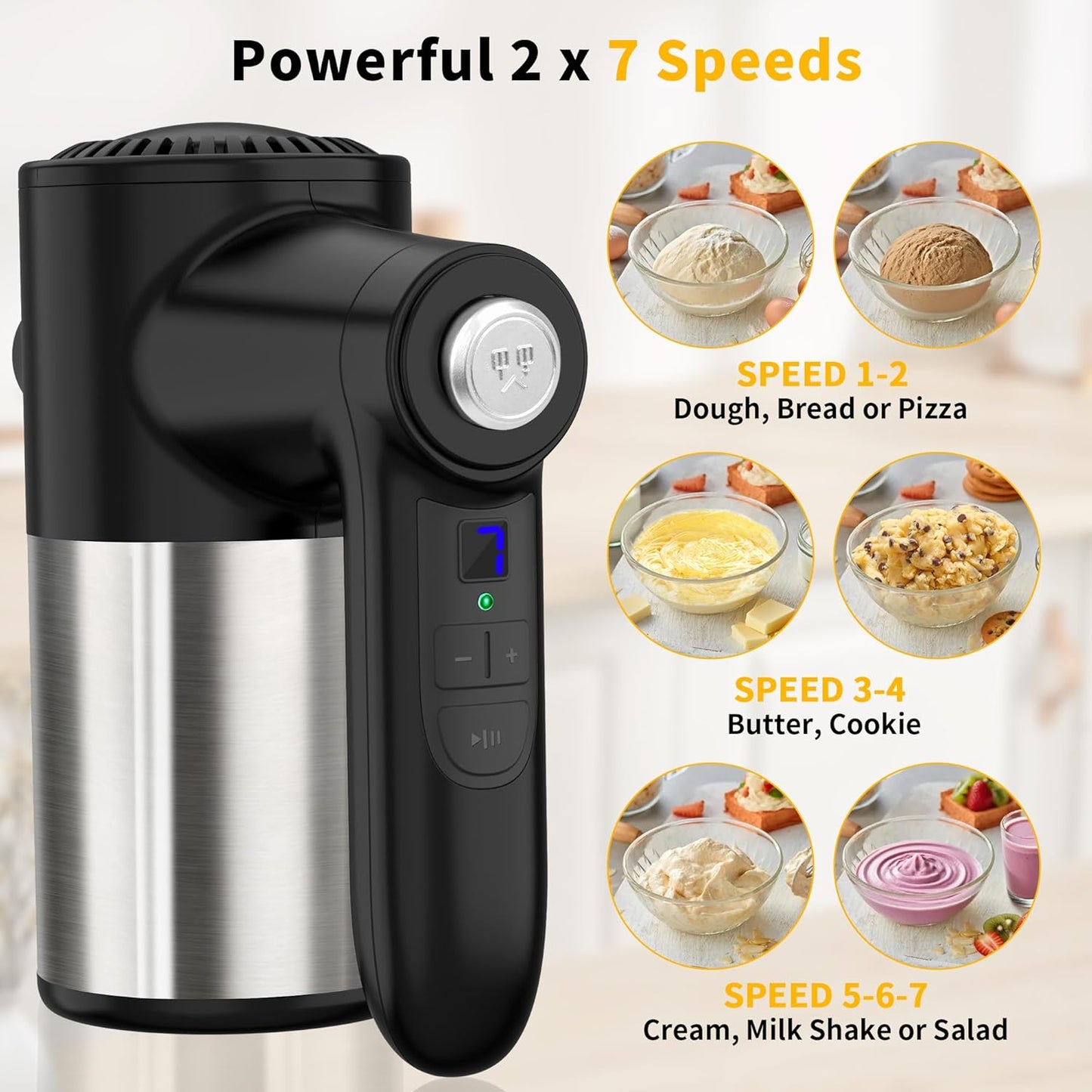 Skiennix Cordless Hand Mixer - 7 Speed Digital Display with 6 Stainless Steel Attachments | Ideal for Baking & Cooking