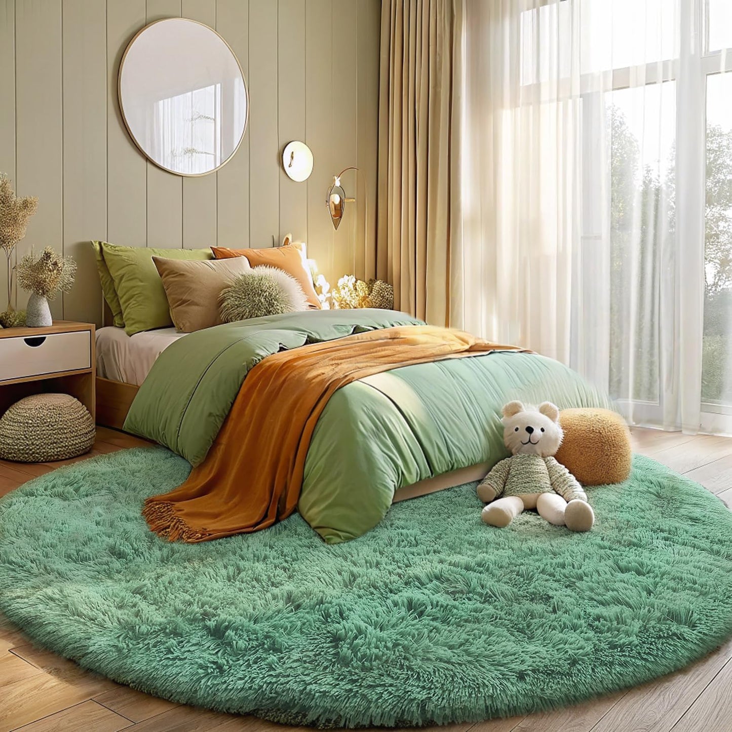 OLANLY Round Mint Green Area Rug - Soft & Fluffy 6 ft Machine Washable Carpet for Bedroom & Living Room Decor