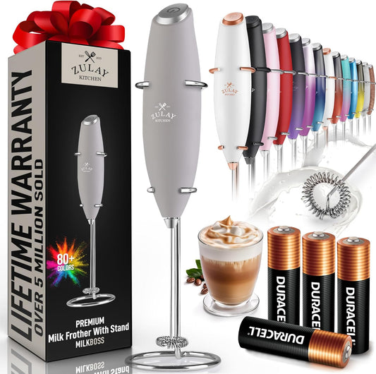 Zulay Kitchen Milk Frother Wand - Ultra Fast Handheld Drink Mixer with 4 AA Duracell Batteries - Light Gray