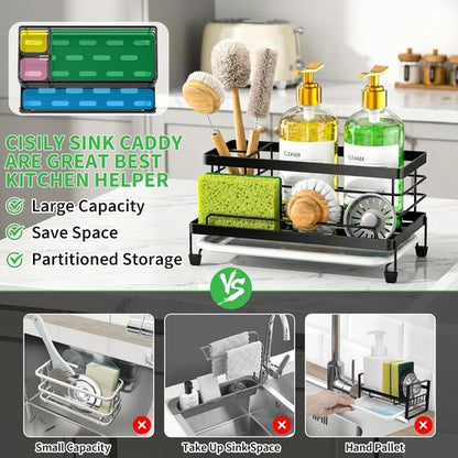 Cisily Large Black Kitchen Sponge Holder - Rustproof Sink Caddy with Drip Tray & Non-Slip Design
