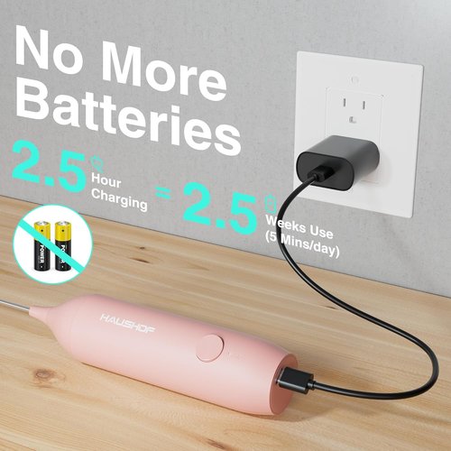 HAUSHOF Rechargeable Milk Frother Wand - Handheld Electric Foam Maker with Stand & Stainless Steel Whisk | Pink