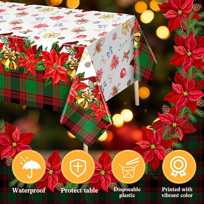 Peryiter 6 Pcs Merry Christmas Plastic Poinsettia Tablecloths 54 x 108 Inches - Variation 6