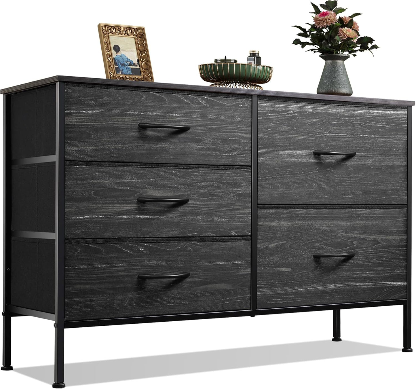 WLIVE Dresser - 5 Drawer Chest with Organizers | Stylish Fabric Storage for Bedroom & Living Room - Charcoal Black
