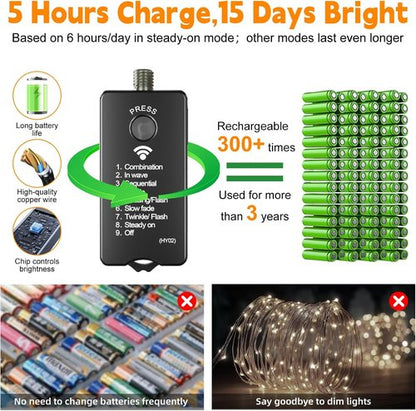 HXWEIYE Rechargeable Fairy Lights - 33ft 100LED Twinkle String Lights with Remote & Timer | Waterproof Warm White Decor