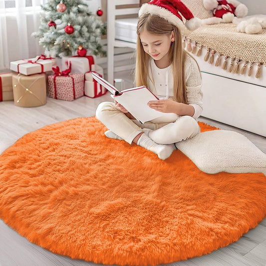 OLANLY Orange Round Rugs for Bedroom - Machine Washable, 4 ft Circle Area Rugs for Living Room, Soft and Fluffy Shaggy Carpet for Teen Girl and Boys, Nursery Rooms, Dorms, Home Decor Aesthetic
