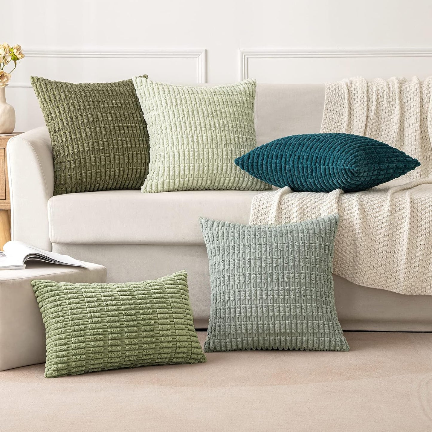 MIULEE Decorative Throw Pillow Covers - Soft Boho Striped Corduroy | 18x18 Inch Olive Green, Pack of 2