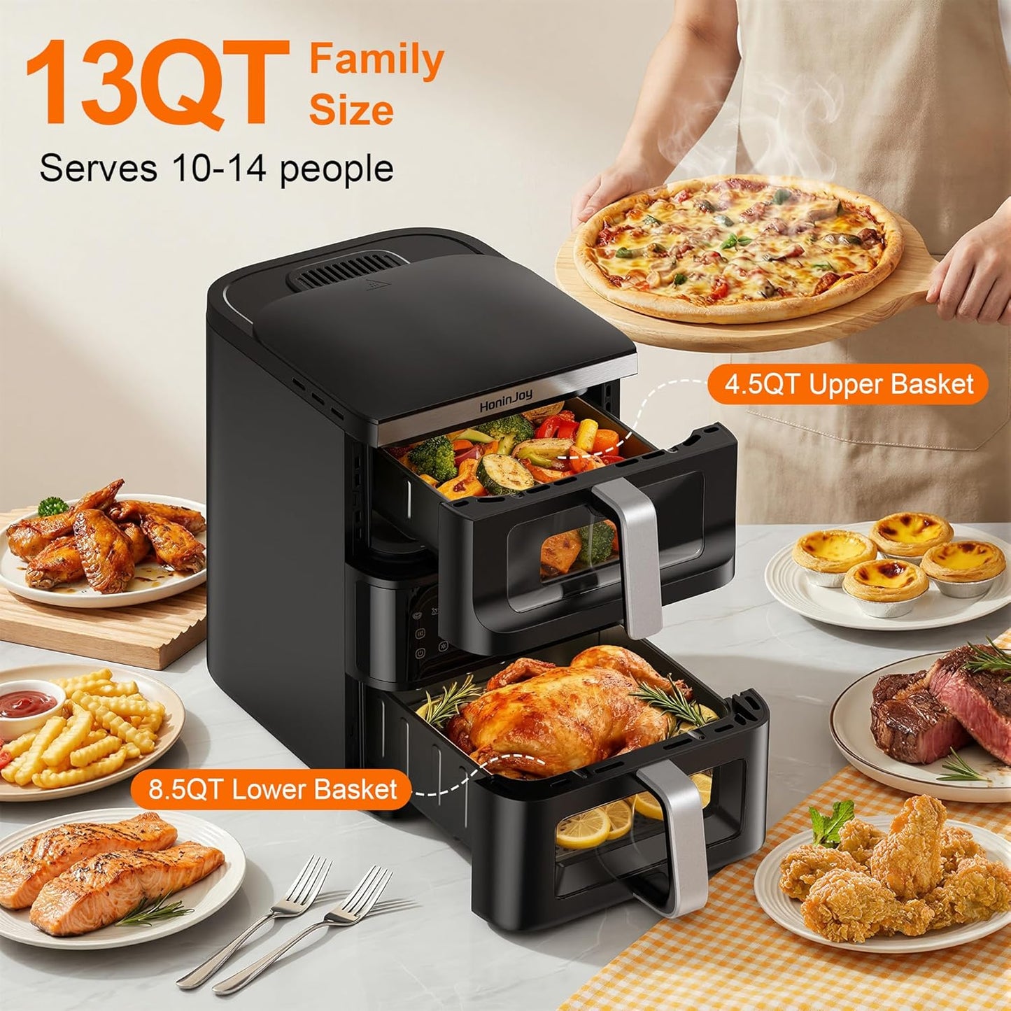 Skiennix 13QT Dual-Basket Air Fryer - Compact Vertical Design with Viewing Window & 10-in-1 Presets