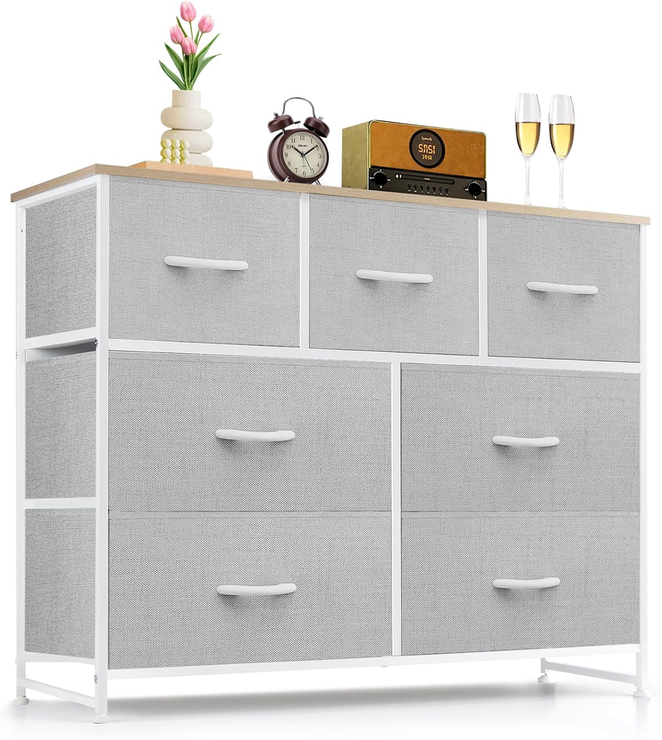 Skiennix 7-Drawer Dresser - Anti-Tip Fabric Storage Organizer with Wooden Top | Light Gray Finish