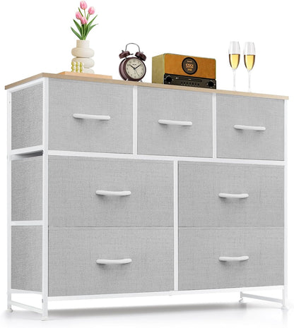 Skiennix 7-Drawer Dresser - Anti-Tip Fabric Storage Organizer with Wooden Top | Light Gray Finish