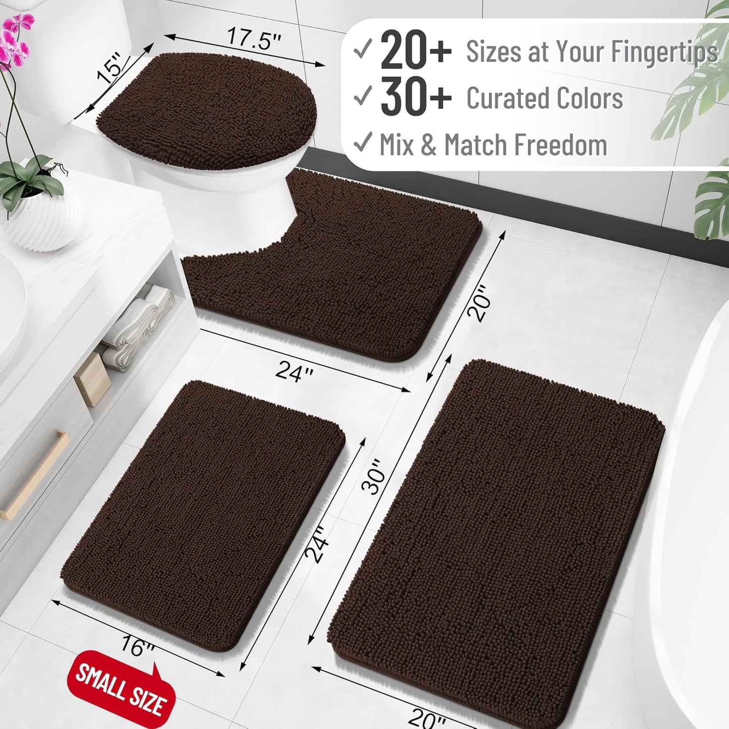 OLANLY Bath Rugs - Extra Soft Chenille, Quick-Dry & Machine Washable | 24x16, Brown Bathroom Mats