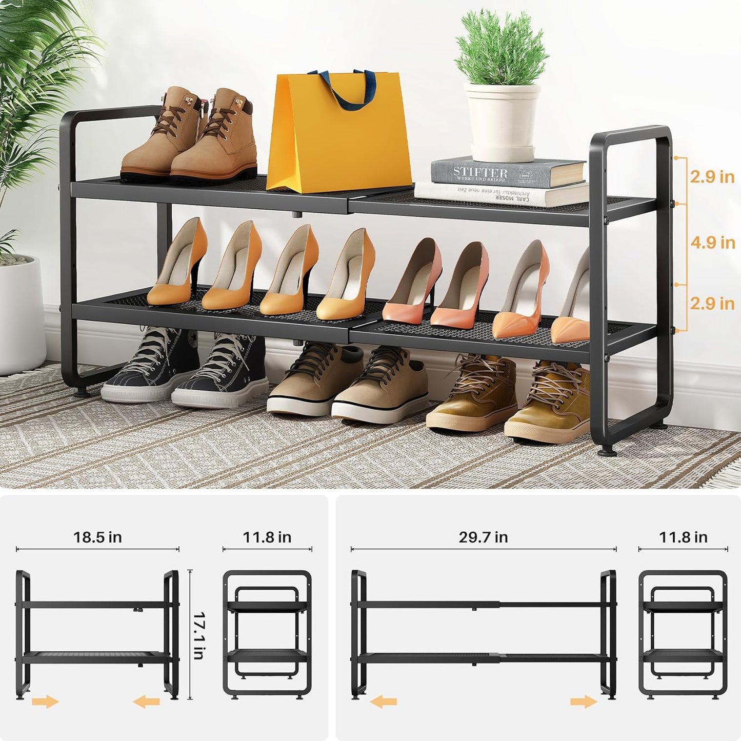 SNTD Shoe Rack - Expandable Adjustable Metal Shoe Organizer | Stackable 2-Tier Storage for Entryway & Garage (Black)