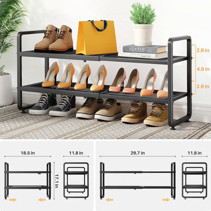 SNTD Shoe Rack - Expandable Adjustable Metal Shoe Organizer | Stackable 2-Tier Storage for Entryway & Garage (Black)