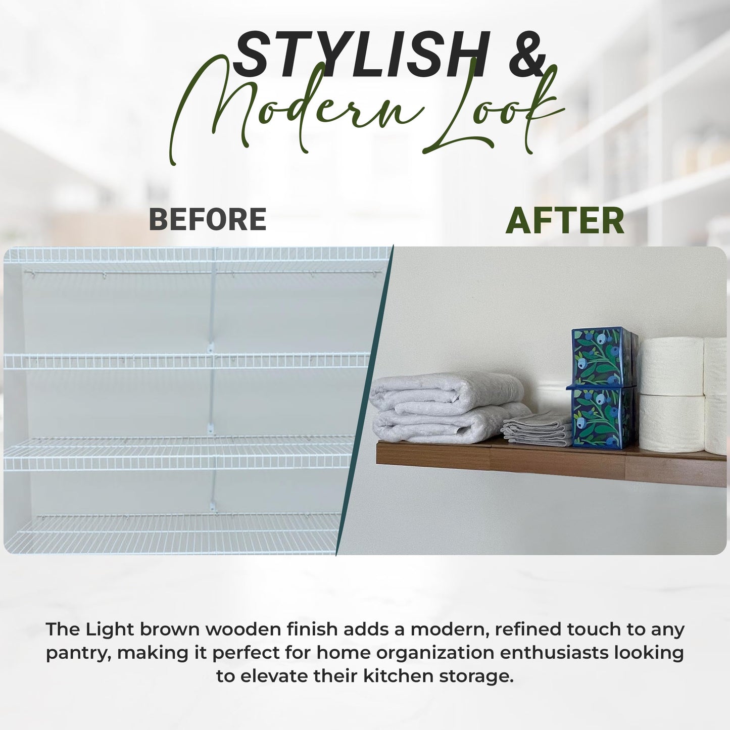 LEAPOAK Wire Shelf Cover - Adjustable Engineered Wood Panels with Extra Modular Pieces - Custom Fit for Pantry, Closet, & Kitchen Wire Shelving - Velcro Secures in Place - Smooth Finish (Light Wood)