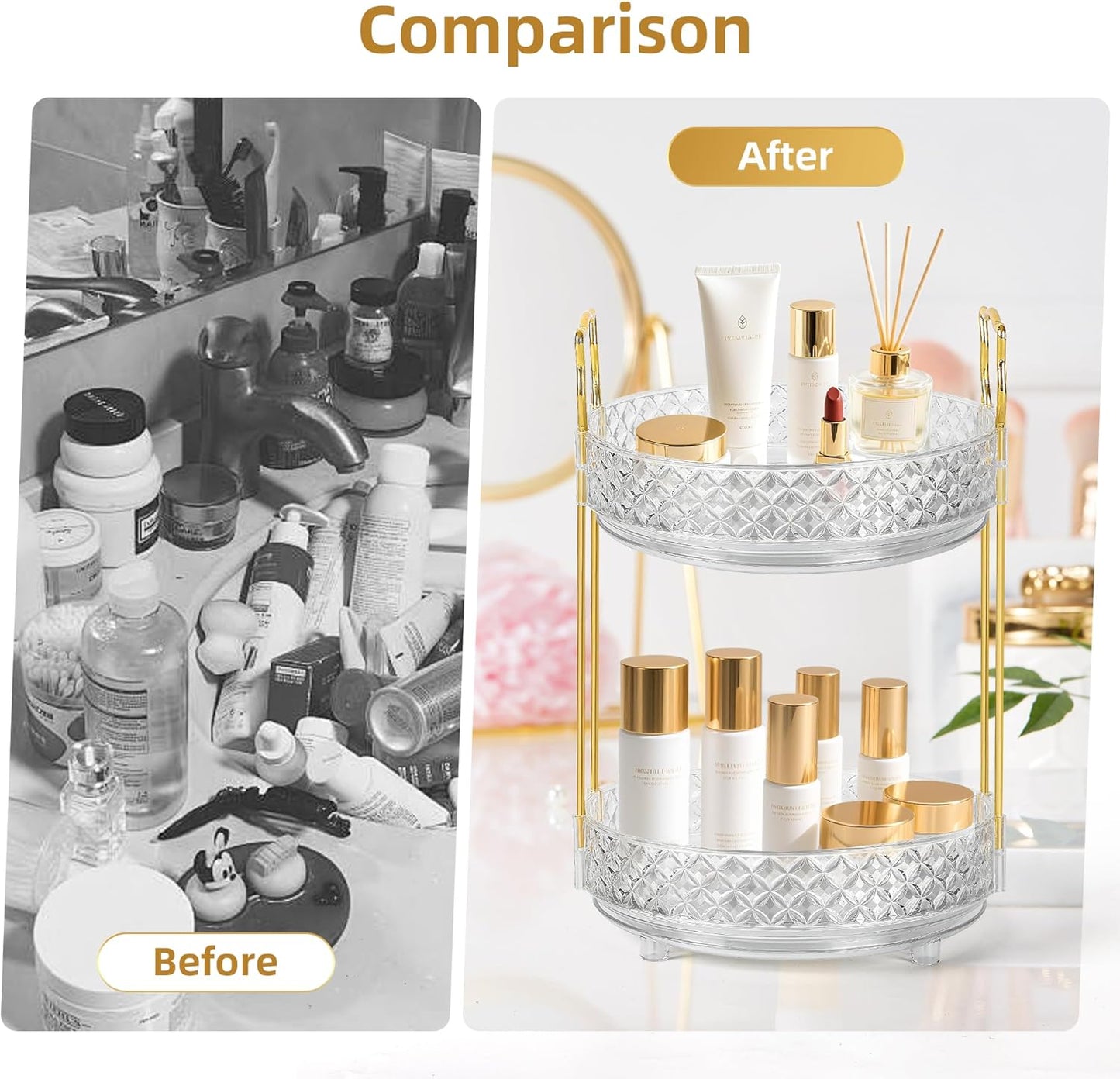 Skiennix 360 Rotating Makeup Organizer - 2-Tier Adjustable Perfume Storage for Vanity & Dresser, Clear
