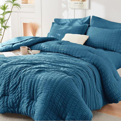 HYMOKEGE Teal Queen Comforter Set - 7-Piece All-Season Luxury Bedding Set with Sheets & Pillowcases