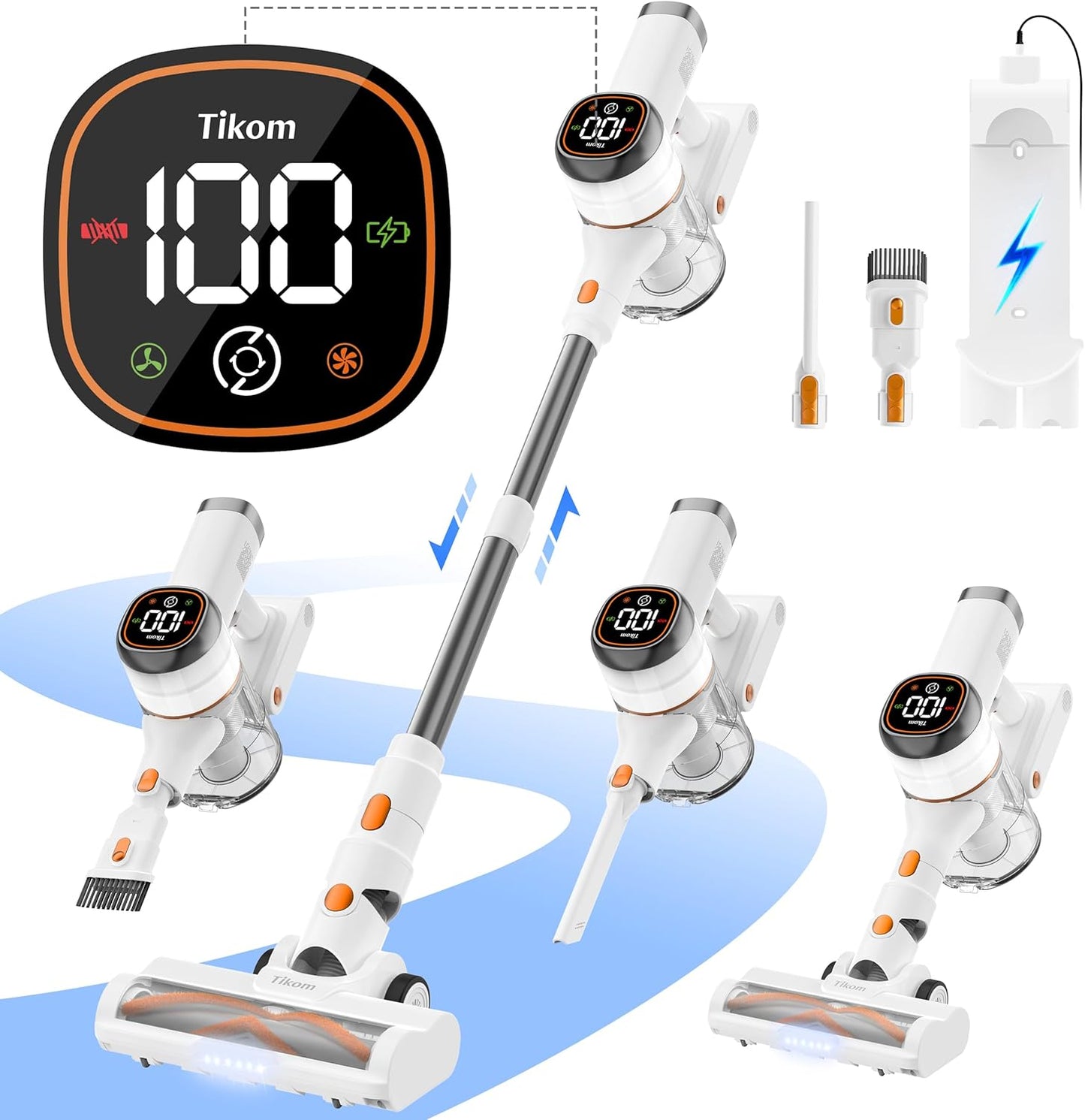 Tikom V500 Cordless Vacuum Cleaner - 40000Pa Suction, LED Touch Screen, Lightweight Design for Pet Hair & Hard Floors
