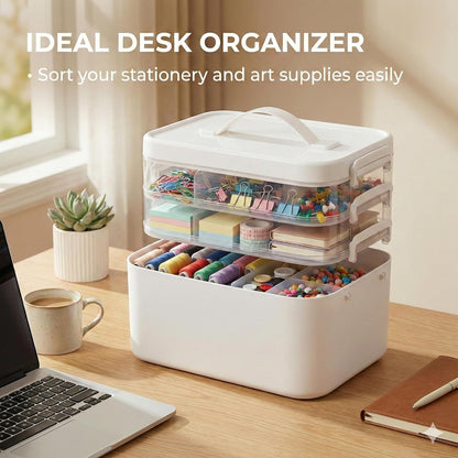 Skiennix 13.3 QT Stackable Craft Storage Organizer Box - White with 3 Removable Trays for Art Supplies | 11.1''x7.7''x9.1''