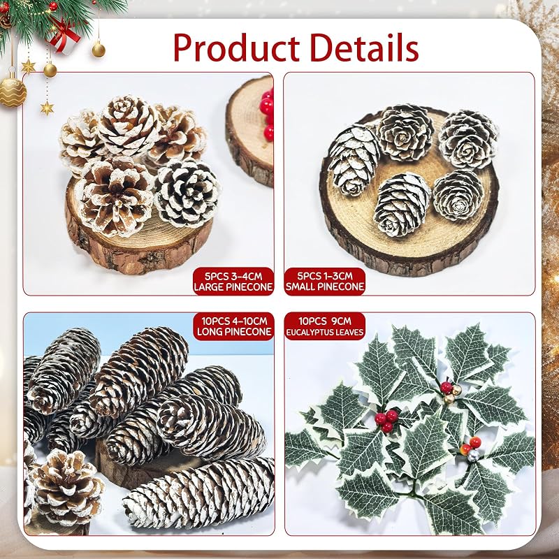 Snowy Pine Cones & Berry Stem Craft Kit - 140 Pcs Holiday Decor (Variation: Snow)