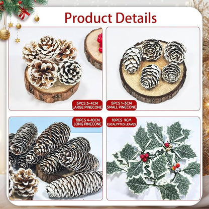 Snowy Pine Cones & Berry Stem Craft Kit - 140 Pcs Holiday Decor (Variation: Snow)